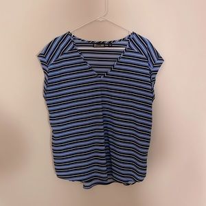 Striped blue business lady v-neck blouse - great office wear layering option.